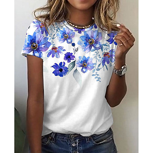 

Women's Floral Theme T shirt Floral Graphic Print Round Neck Basic Tops Blue