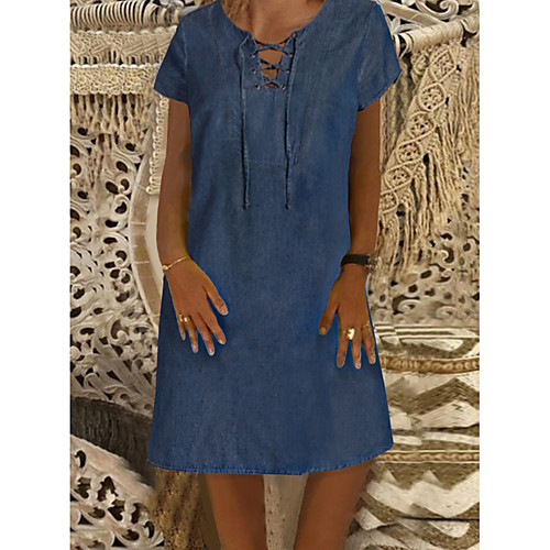 

Women's Denim Dress Knee Length Dress Blue Short Sleeve Solid Color Front Tie Denim Spring Summer Round Neck Denim Comfortable 2021 M L XL XXL XXXL