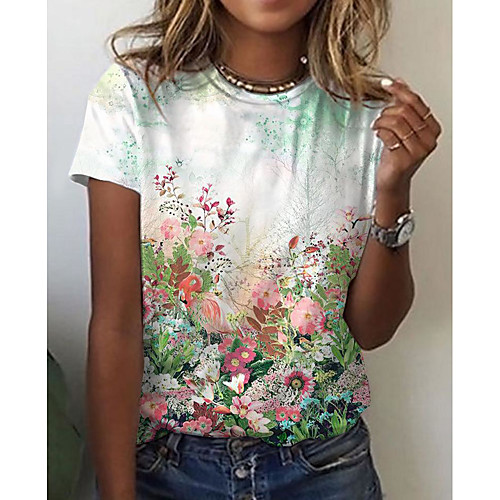 

Women's Floral Theme T shirt Floral Graphic Print Round Neck Tops Basic Basic Top White