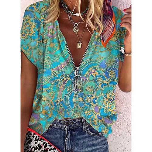 

Women's Bohemian Theme Blouse Shirt Floral Zipper V Neck Tops Purple Red Yellow