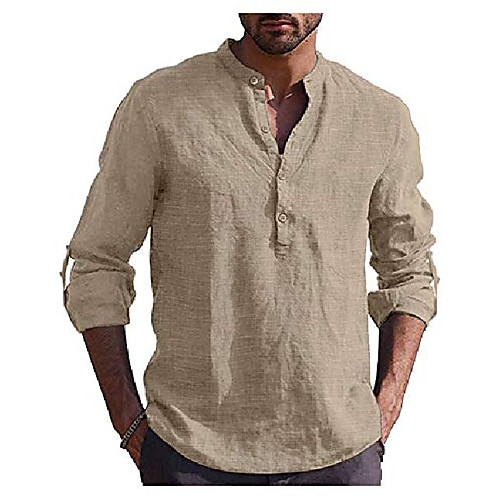 

tinkwell men's linen shirt long sleeve casual henley shirts beach summer t shirts khaki xxl