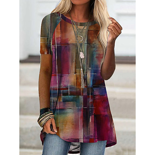 

Women's Geometric T shirt Dress Color Gradient Print Round Neck Basic Tops Fuchsia