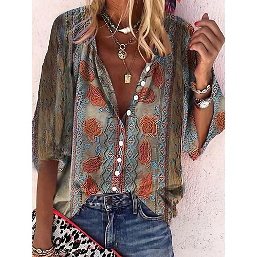 

Women's Bohemian Theme Blouse Shirt Floral Print Shirt Collar Tops Light Brown