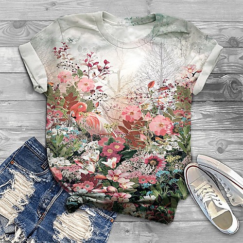 

Women's Plus Size Tops T shirt Floral Graphic Print Short Sleeve Crewneck Basic White Big Size XL XXL 3XL 4XL 5XL