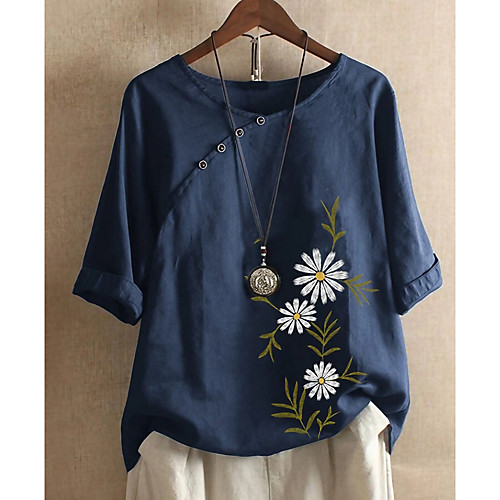 

Women's Plus Size Tops Blouse Shirt Floral Short Sleeve Round Neck Casual Comfortable Daily Date Cotton And Linen Spring Summer Dark Blue