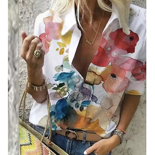 

Women's Floral Theme Blouse Shirt Floral Long Sleeve Print Shirt Collar Tops Blue Red Gray