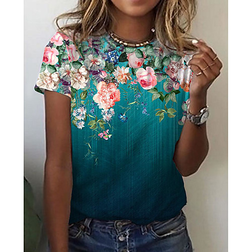 

Women's Floral Theme Painting T shirt Floral Graphic Print Round Neck Basic Tops Green