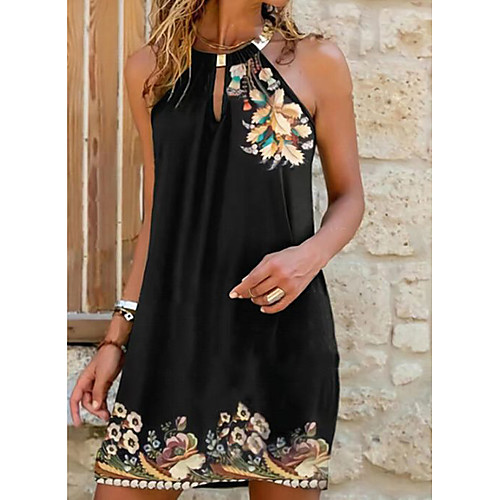 

Women's Sheath Dress Short Mini Dress Black Sleeveless Pattern Cold Shoulder Summer Halter Neck Hot Casual 2021 S M L XL