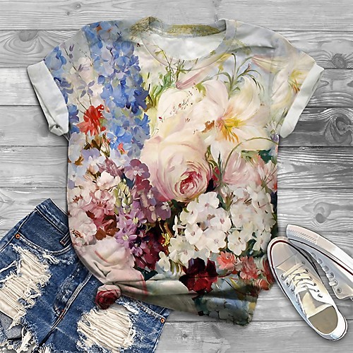 

Women's Plus Size Tops T shirt Floral Graphic 3D Print Print Short Sleeve Crewneck Spring Summer Blue Blushing Pink Beige Big Size XL XXL 3XL 4XL 5XL