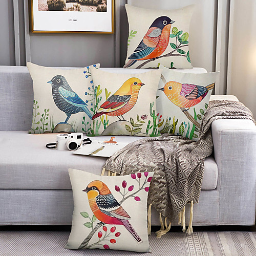 

Double Side Cushion Cover 1pc Linen Soft Decorative Square Throw Pillow Cover Pillowcase For Bedroom Country Style Painted Bird Leaves Fruit Field Garden Outdoor Cushion for Sofa Couch Bed Chair