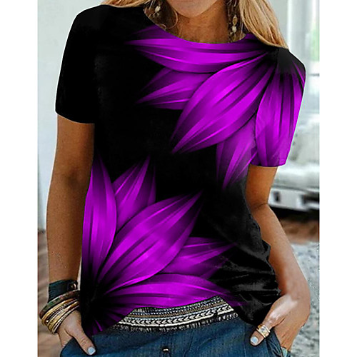 

Women's Floral Theme Daisy Painting T shirt Floral Graphic Print Round Neck Basic Tops Purple Fuchsia Green