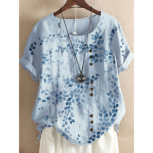 

Women's Plus Size Tops Blouse Shirt Leaf Short Sleeve Round Neck Holiday Comfortable Spring Summer Light Yellow Sky Blue White Big Size L XL XXL XXXL 4XL