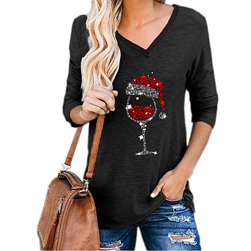 

Women's T shirt Wine Glass Christmas pattern Print V Neck Basic Christmas Tops ArmyGreen Blue Purple
