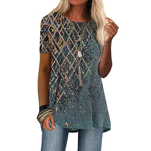 

Women's Bohemian Theme T shirt Graphic Geometric Print Round Neck Tops Basic Boho Basic Top Blue Red