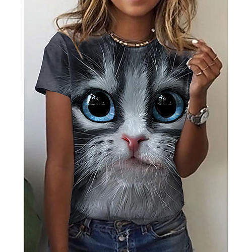 

Women's 3D Cat T shirt Cat Graphic 3D Print Round Neck Basic Tops Gray