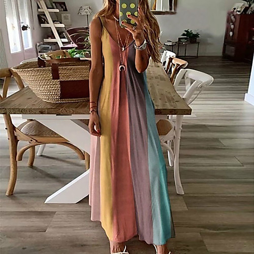 

Women's Strap Dress Maxi long Dress Blue Purple Gray Green Orange Red Sleeveless Rainbow Color Gradient Stripe Spring Summer V Neck Casual Holiday 2021 S M L XL XXL XXXL