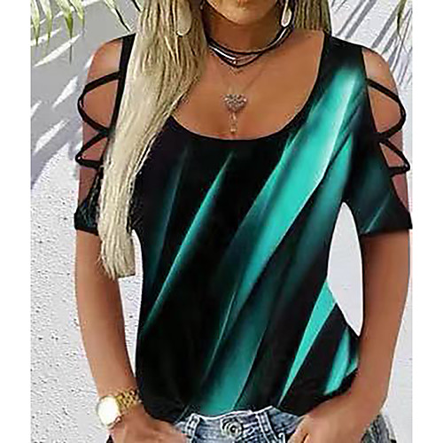 

Women's Abstract Painting T shirt Color Block Cut Out Print U Neck Basic Tops Blue Purple Gray