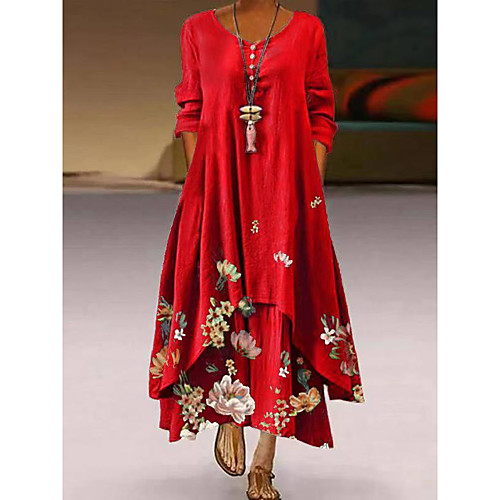 

Women's Swing Dress Maxi long Dress Red Long Sleeve Print Pocket Patchwork Print Spring Summer Round Neck Casual Vintage 2021 S M L XL XXL XXXL 4XL 5XL