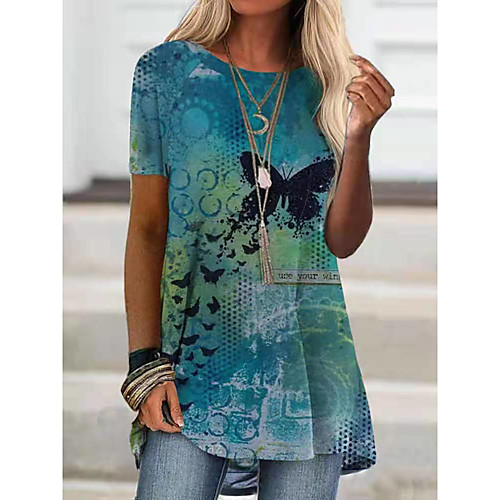 

Women's Butterfly T shirt Dress Butterfly Animal Print Round Neck Tops Basic Boho Basic Top Blue