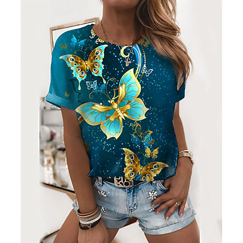 

Women's Butterfly Painting T shirt Graphic Butterfly Print Round Neck Basic Tops Green