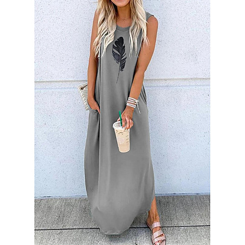 

Women's T Shirt Dress Tee Dress Maxi long Dress Gray Dark Gray Brown Sleeveless Print Print Summer Round Neck Casual Loose 2021 S M L XL
