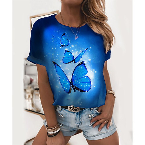 

Women's Butterfly Painting T shirt Graphic Butterfly Print Round Neck Basic Tops Blue