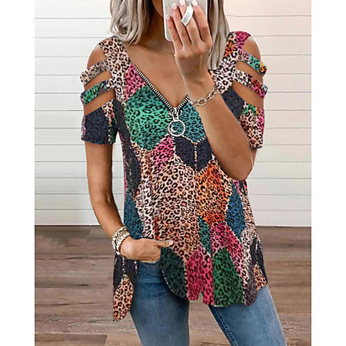 

Women's Bohemian Theme Blouse Graphic Zipper Print V Neck Streetwear Tops White Black Blushing Pink