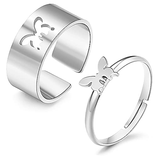 

2pcs butterfly ring set for women matching butterfly couple rings for him and her adjustable promise couple rings for girls (silver)