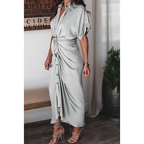 

Women's A Line Dress Maxi long Dress Blushing Pink Champagne Green Light Grey Black Dark Blue Short Sleeve Solid Color Ruched Lace up Button Spring Summer Shirt Collar Elegant Casual Party Holiday