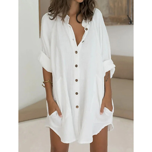 

Women's Shirt Dress Short Mini Dress Green White Long Sleeve Solid Color Split Patchwork Spring Summer Shirt Collar Casual Loose 2021 M L XL 2XL 3XL / Cotton / Cotton