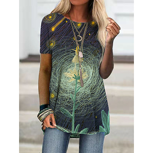 

Women's T shirt Floral Graphic Print Round Neck Tops Basic Basic Top Blue Green