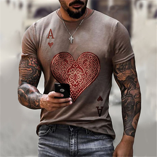 

Men's Tee T shirt Shirt 3D Print Graphic Prints Poker Letter Print Short Sleeve Daily Tops Casual Designer Big and Tall Round Neck Light Brown Black Brown / Summer