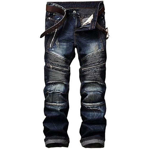 

men's retro distressed zipper pleated wear-resistant jeans