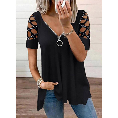 

Women's T shirt Plain Zipper V Neck Basic Tops Black