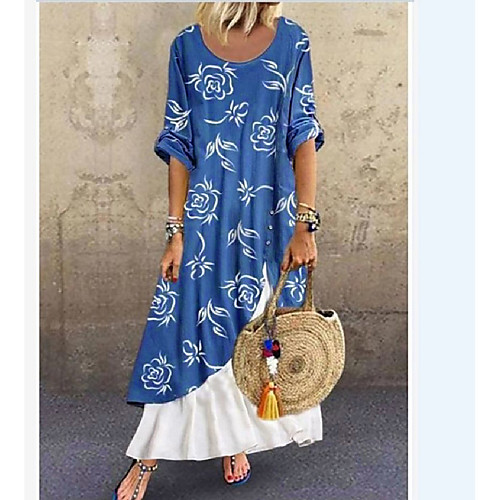 

Women's Swing Dress Maxi long Dress Blue Short Sleeve Floral Print Patchwork Double Layered Spring Summer Round Neck Casual 2021 S M L XL XXL XXXL / Holiday / Loose