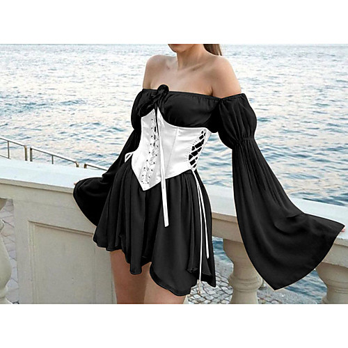 

Gothic Lolita Steampunk Summer Dress Women's Off Shoulder Costume Black with White / Outfit / Blushing Pink Vintage Cosplay Party Date Medium Length