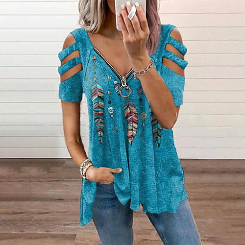 

Women's Blouse Shirt Color Block Tie Dye Feather Cut Out Zipper Flowing tunic V Neck Basic Streetwear Tops Blue Purple Black