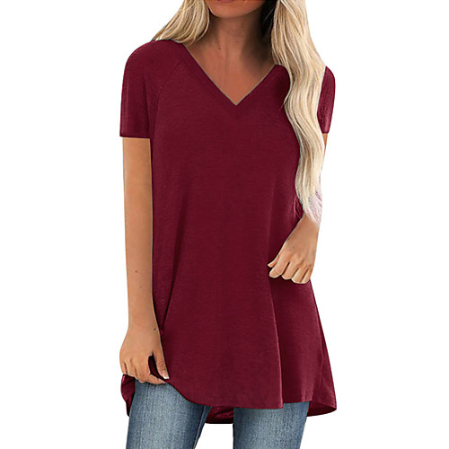 

womens tops and blouses summer comfy casual short sleeved v neck tunics loose flattering long t-shirt plus size red