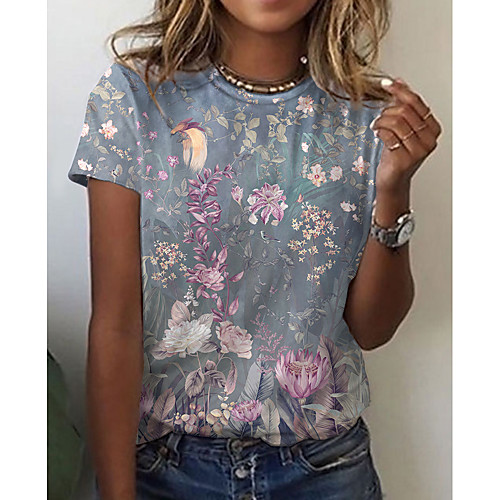 

Women's Floral Theme Abstract Painting T shirt Floral Graphic Print Round Neck Basic Tops Blue Blushing Pink Black