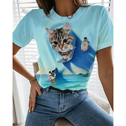 

Women's 3D Cat T shirt Cat Graphic 3D Print Round Neck Basic Tops Blue