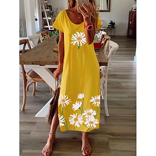 

Women's Shift Dress Maxi long Dress Blue Yellow Gray Black Short Sleeve Daisy Floral Split Print Spring Summer Round Neck Casual 2021 S M L XL XXL 3XL