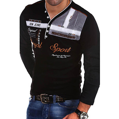 

Men's Polo Shirt T shirt Graphic Letter Button Long Sleeve Causal Slim Tops Business Modern Style Active V Neck White Red Black