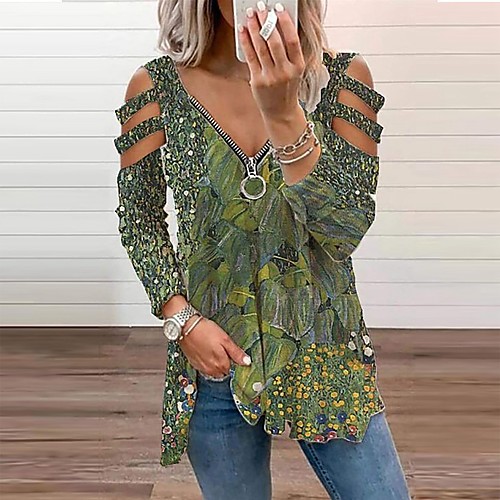 

Women's Floral Theme Blouse Shirt Floral Graphic Long Sleeve Cut Out Zipper Print V Neck Basic Streetwear Tops Blue Green Black