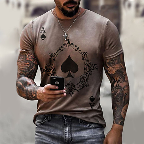 

Men's Tee T shirt Shirt 3D Print Graphic Card Plus Size Short Sleeve Casual Tops Basic Designer Slim Fit Big and Tall Brown Gray