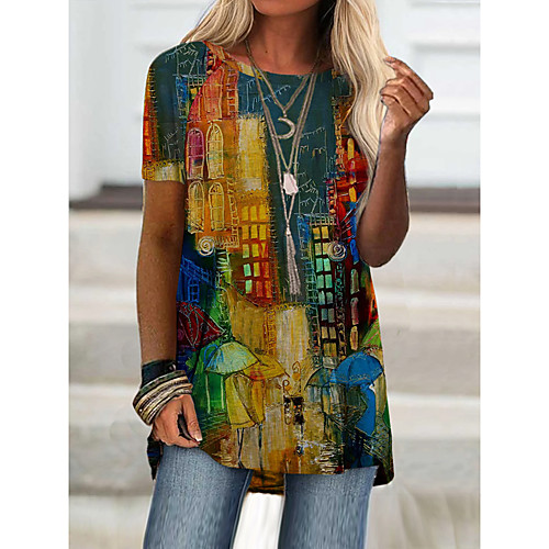 

Women's T shirt Dress Color Block Print Round Neck Tops Basic Basic Top Rainbow
