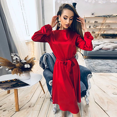 

Women's A Line Dress Midi Dress khaki Green Red Long Sleeve Solid Color Lace up Fall Winter Crew Neck Party Elegant Casual Party Lantern Sleeve 2021 S M L XL XXL