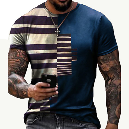 

Men's Tee T shirt 3D Print Striped Graphic Prints Print Short Sleeve Daily Tops Cotton Casual Designer Big and Tall Blue Red Black