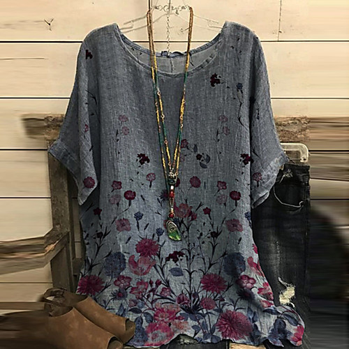 Women's Plus Size Tops Blouse Shirt Floral Leaf Print Short Sleeve Round Neck Basic Vintage Daily Going out Polyester Fall Spring Wine Red Blue