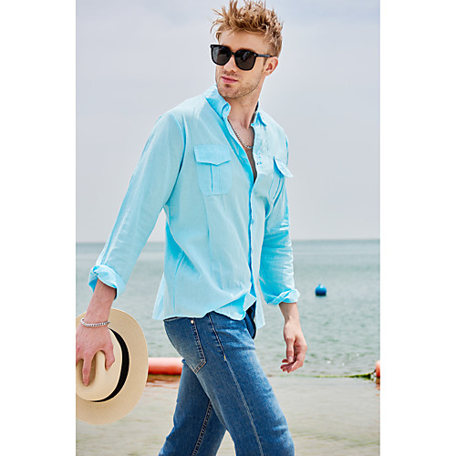 

Men's Shirt Solid Color Pocket Button Long Sleeve Street Tops Cotton Modern Style Casual Fashion Light Blue Navy# White / Fall / Spring / Summer / Beach / Linen