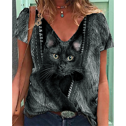 

Women's Cat T shirt Cat V Neck Tops Basic Basic Top Black